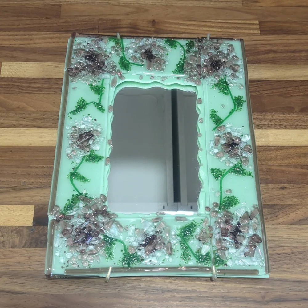 Artist made 8x10 fused glass mirror with hanger flowers green